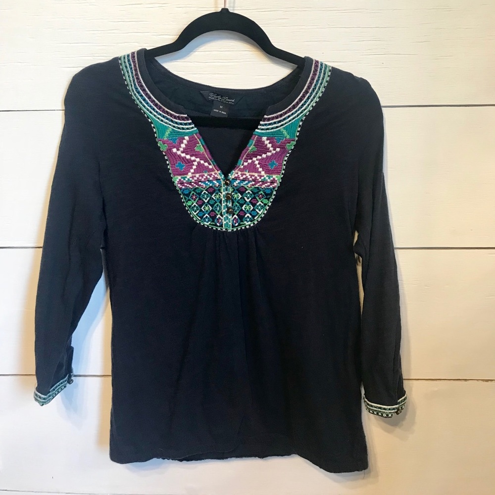 Lucky Brand Navy Embroidered 3/4 Length Top